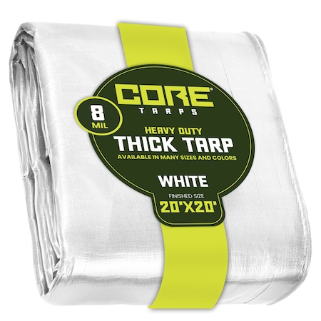 Core Tarps Heavy Duty Tarp, 20 ft L x 0.5 mm H x 20 ft W, 8 Mil, White, Polyethylene CT-404-20X20